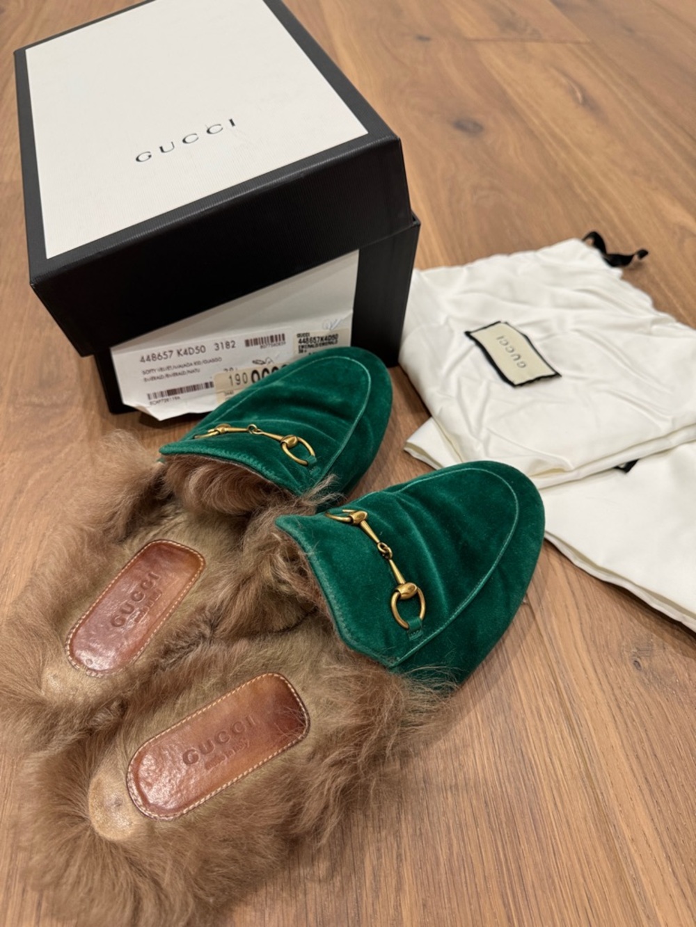 Gucci Green Velvet Fur Princetown Mules